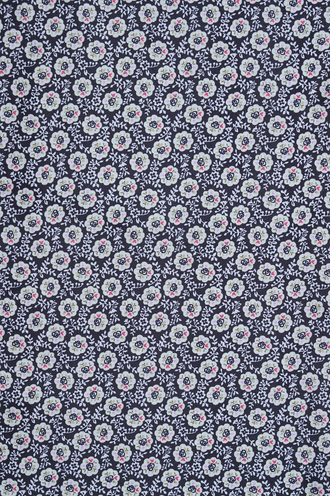 White Floral Pattern Digital Print On Black French Crepe Fabric - doeraa
