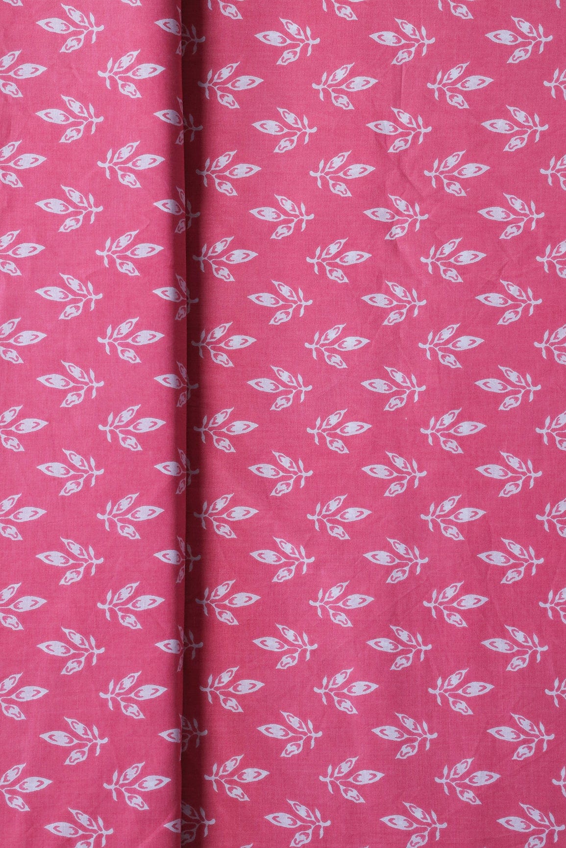 White Leafy Print On Pink Pure Cotton Fabric - doeraa