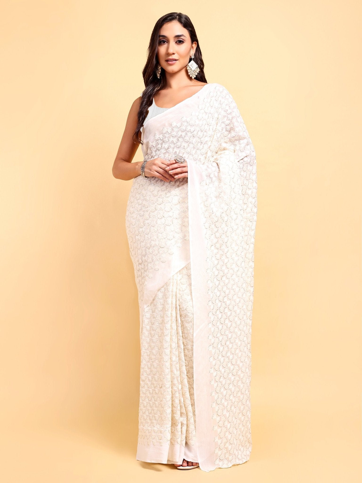 White Saree Set (2 Piece) - doeraa