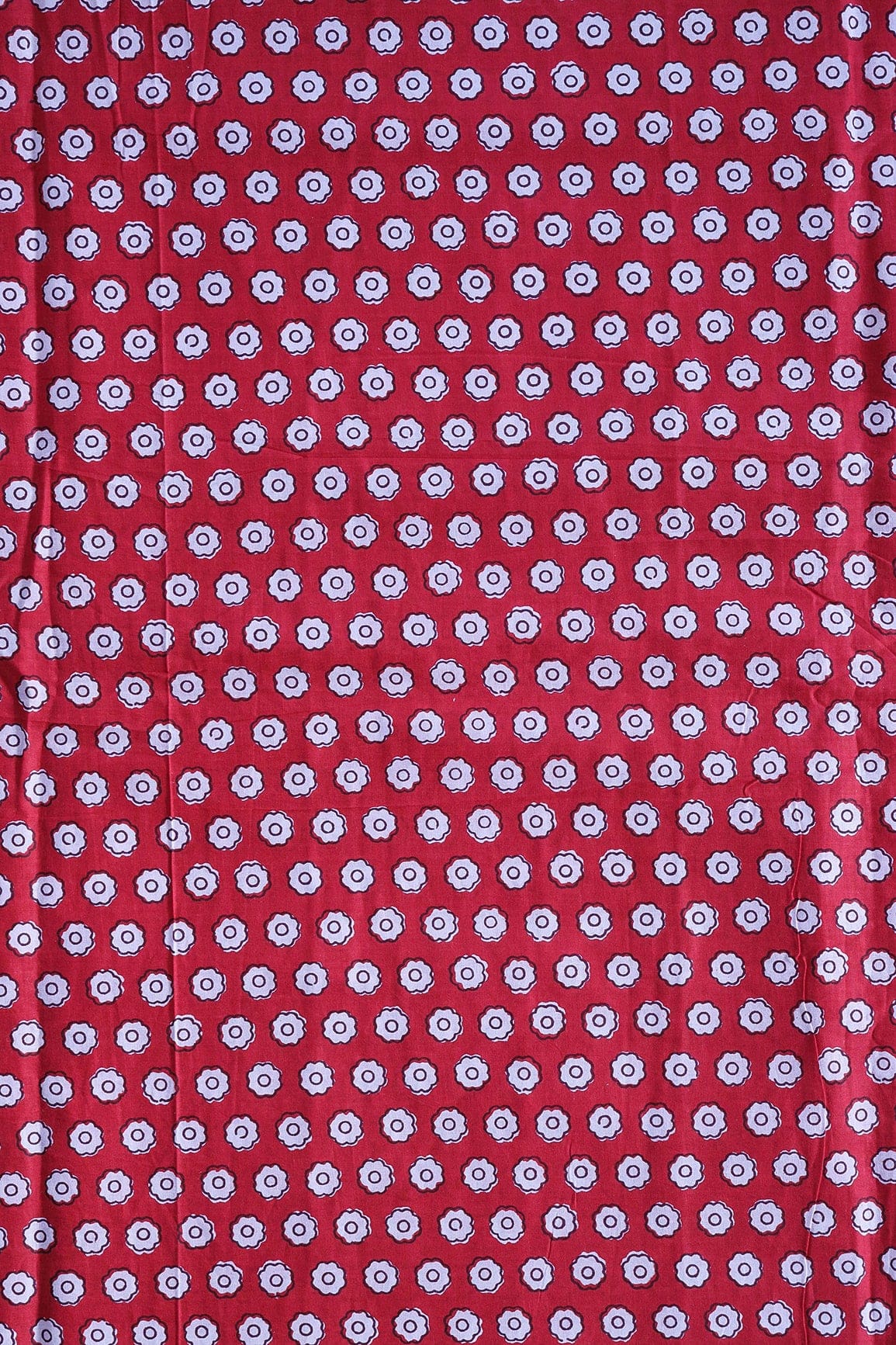 White Small Floral Booti Pattern Print On Red Pure Cotton Fabric - doeraa
