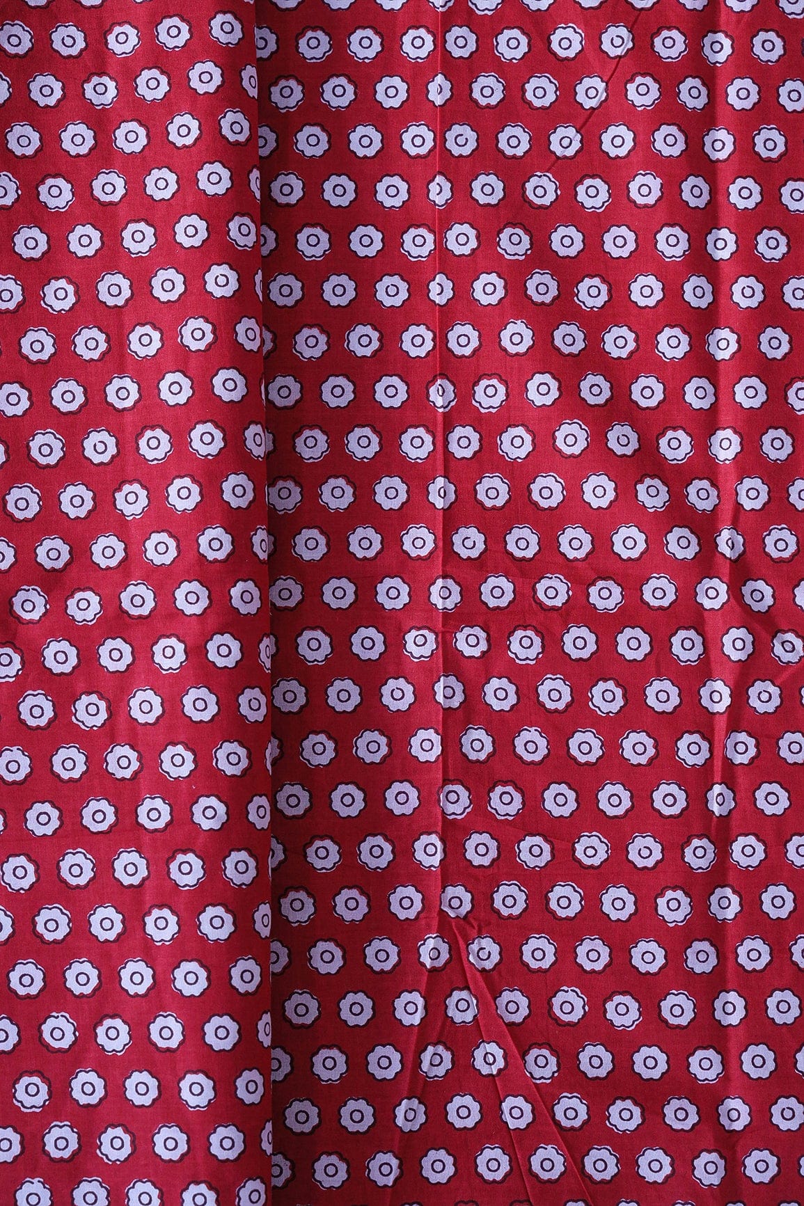 White Small Floral Booti Pattern Print On Red Pure Cotton Fabric - doeraa