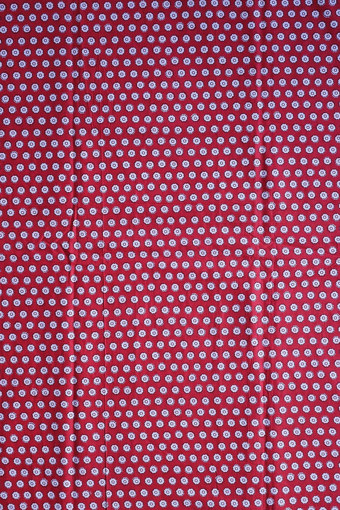 White Small Floral Booti Pattern Print On Red Pure Cotton Fabric - doeraa