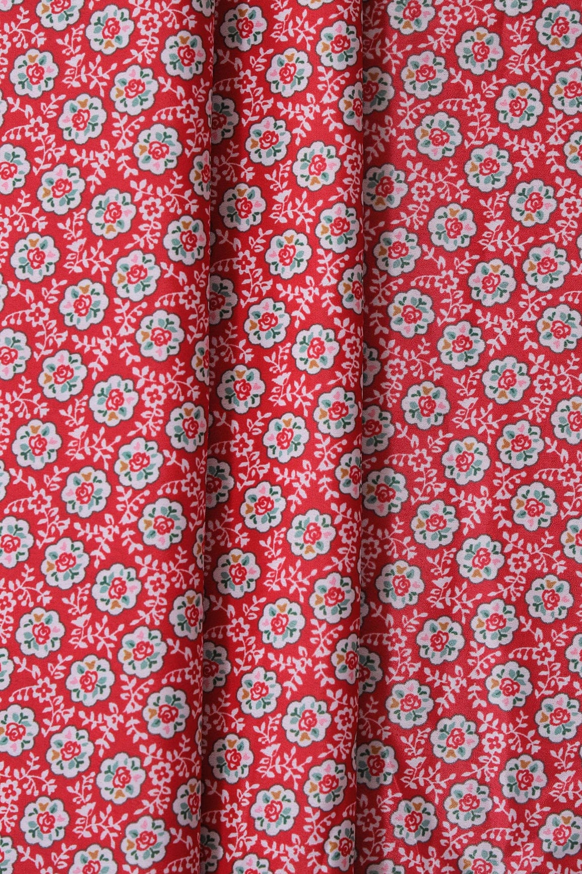 White Small Floral Pattern Digital Print On Red French Crepe Fabric - doeraa