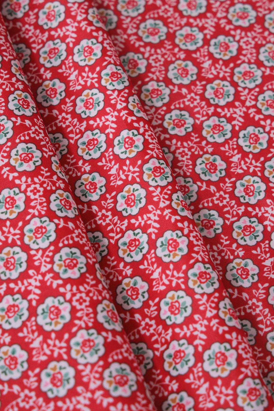 White Small Floral Pattern Digital Print On Red French Crepe Fabric - doeraa