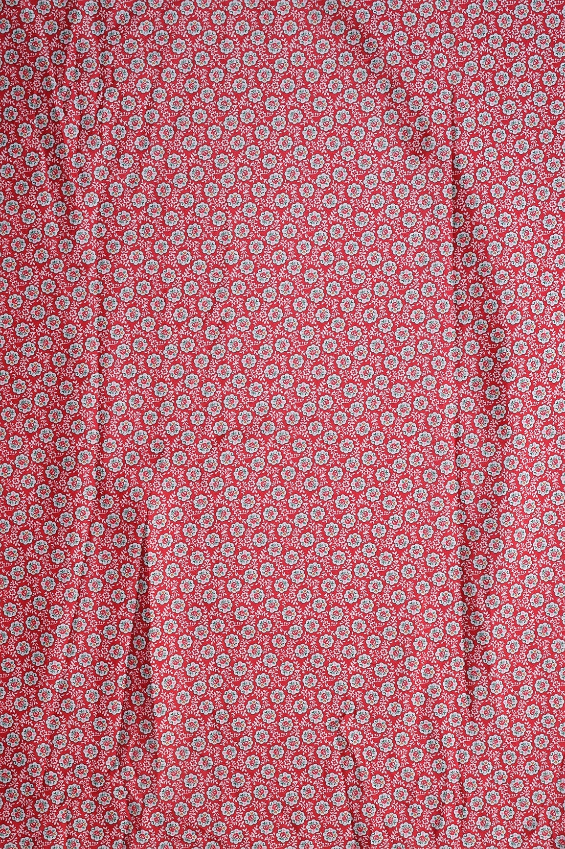 White Small Floral Pattern Digital Print On Red French Crepe Fabric - doeraa