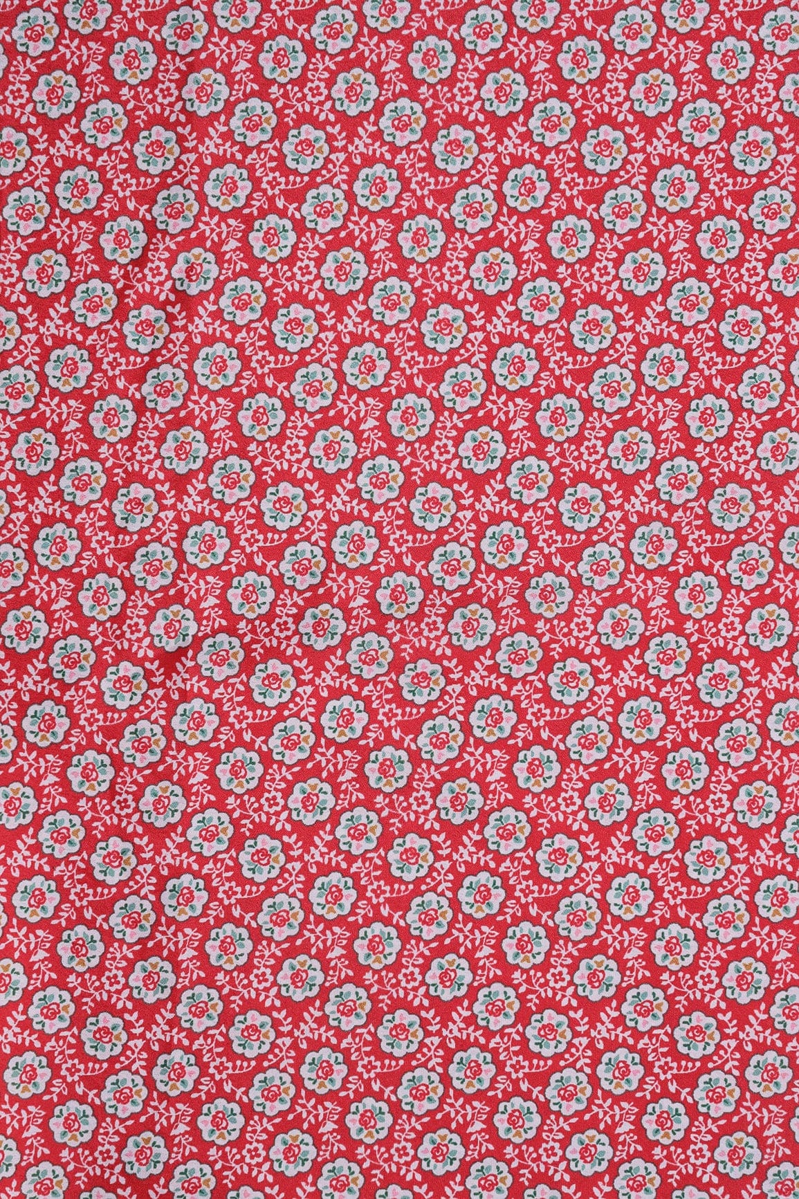 White Small Floral Pattern Digital Print On Red French Crepe Fabric - doeraa