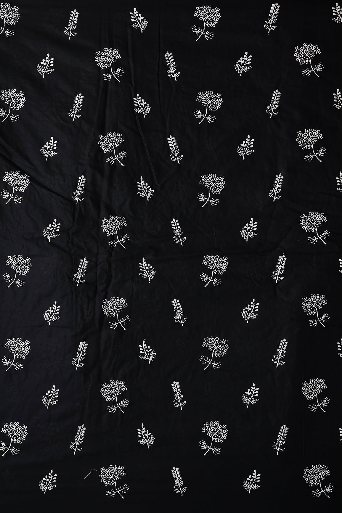 White Thread beautiful Leafy Embroidery On Black Organic Cotton Fabric - doeraa