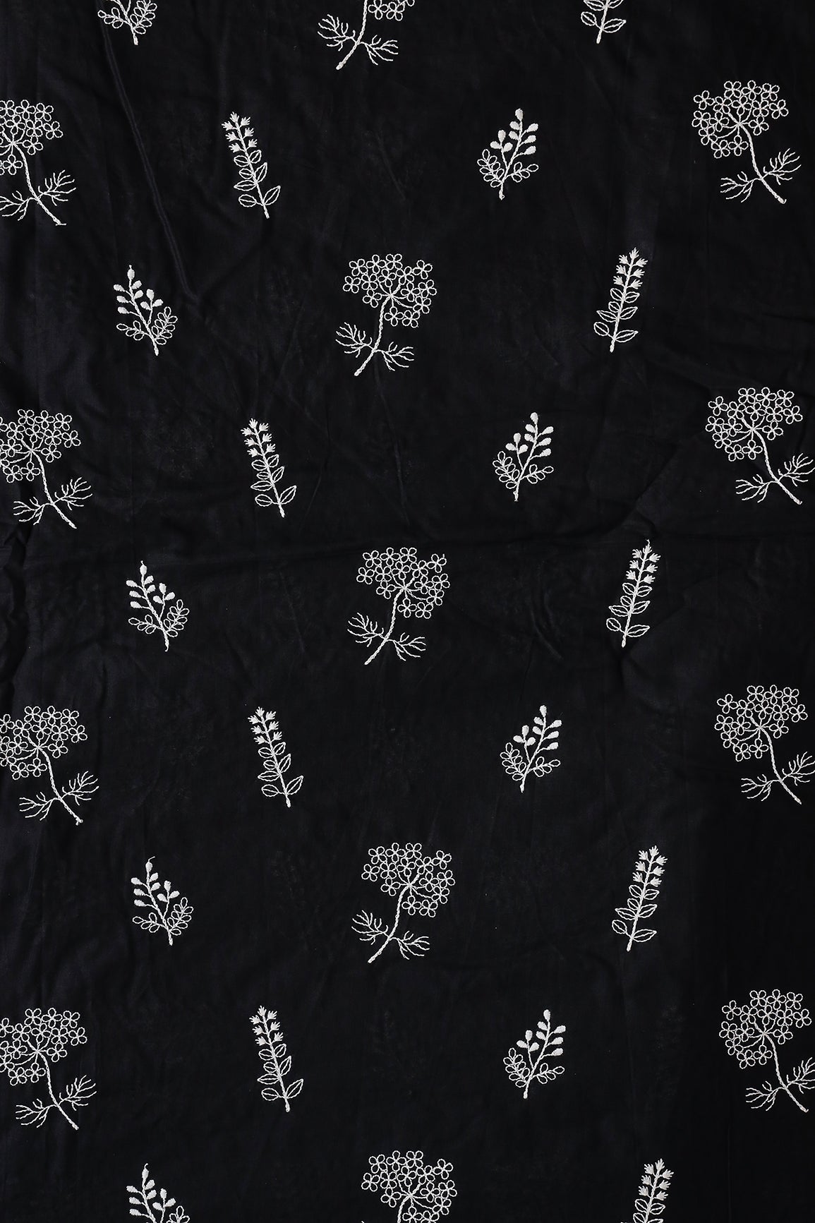 White Thread beautiful Leafy Embroidery On Black Organic Cotton Fabric - doeraa