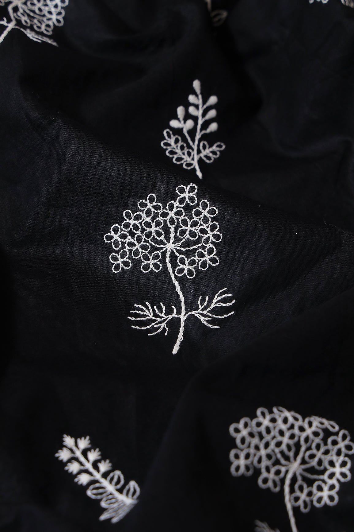 White Thread beautiful Leafy Embroidery On Black Organic Cotton Fabric - doeraa
