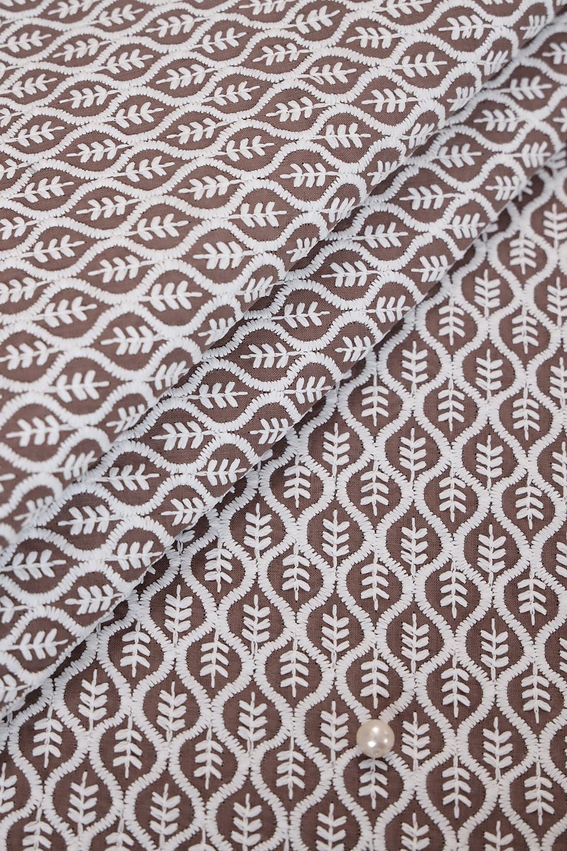 White Thread Beautiful Trellis Embroidery On Light Brown Soft Cotton Fabric - doeraa