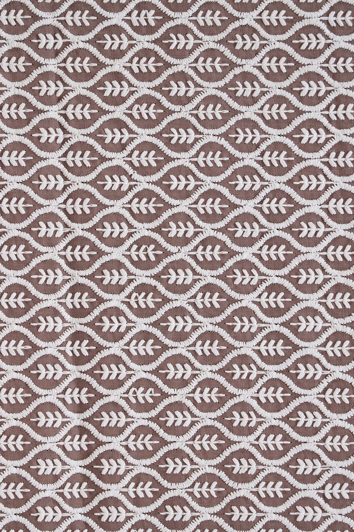 White Thread Beautiful Trellis Embroidery On Light Brown Soft Cotton Fabric - doeraa