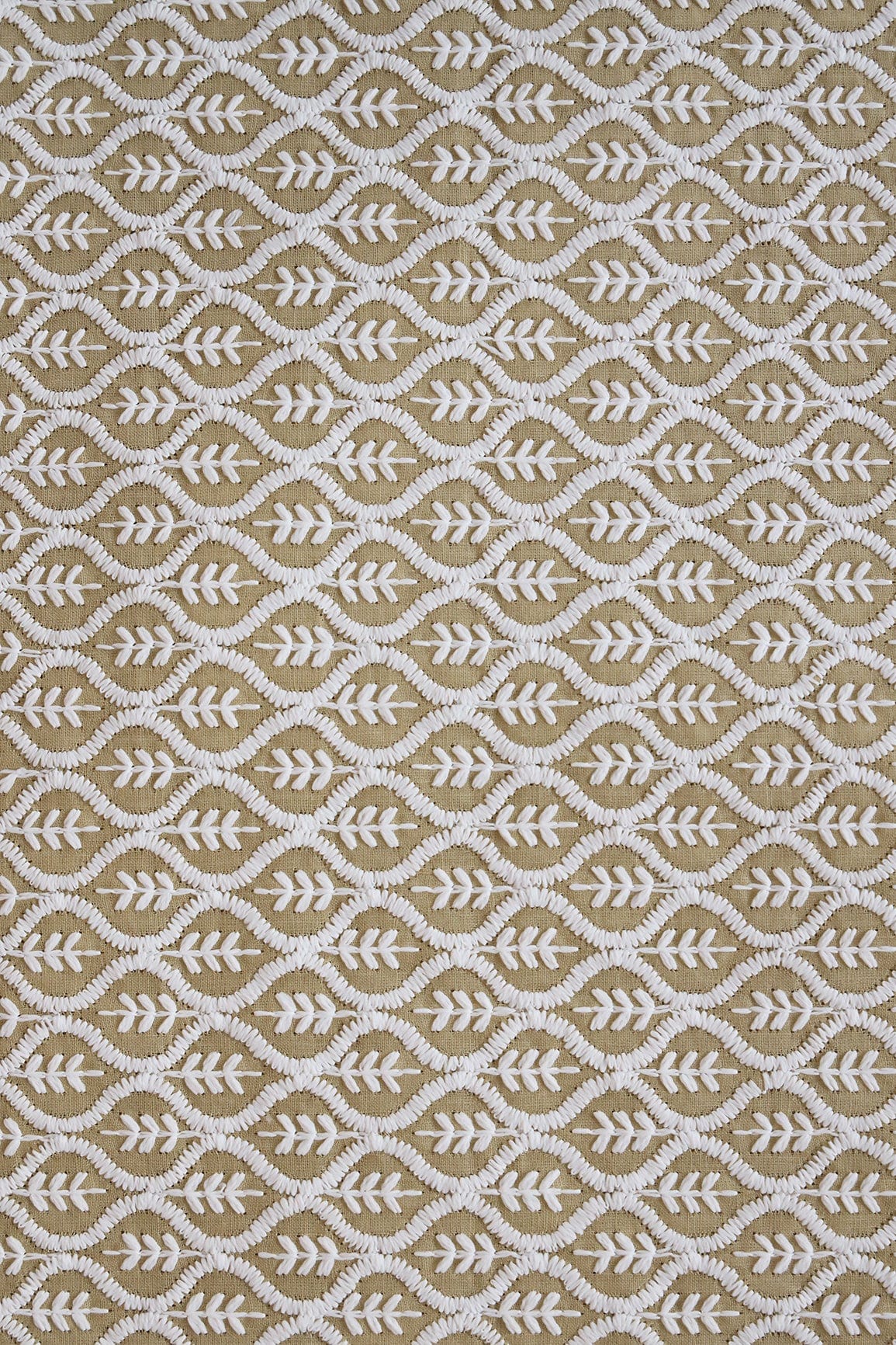 White Thread Beautiful Trellis Embroidery On Light Mehendi Green Soft Cotton Fabric - doeraa