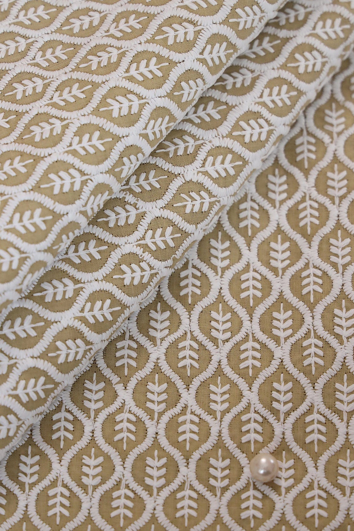 White Thread Beautiful Trellis Embroidery On Light Mehendi Green Soft Cotton Fabric - doeraa