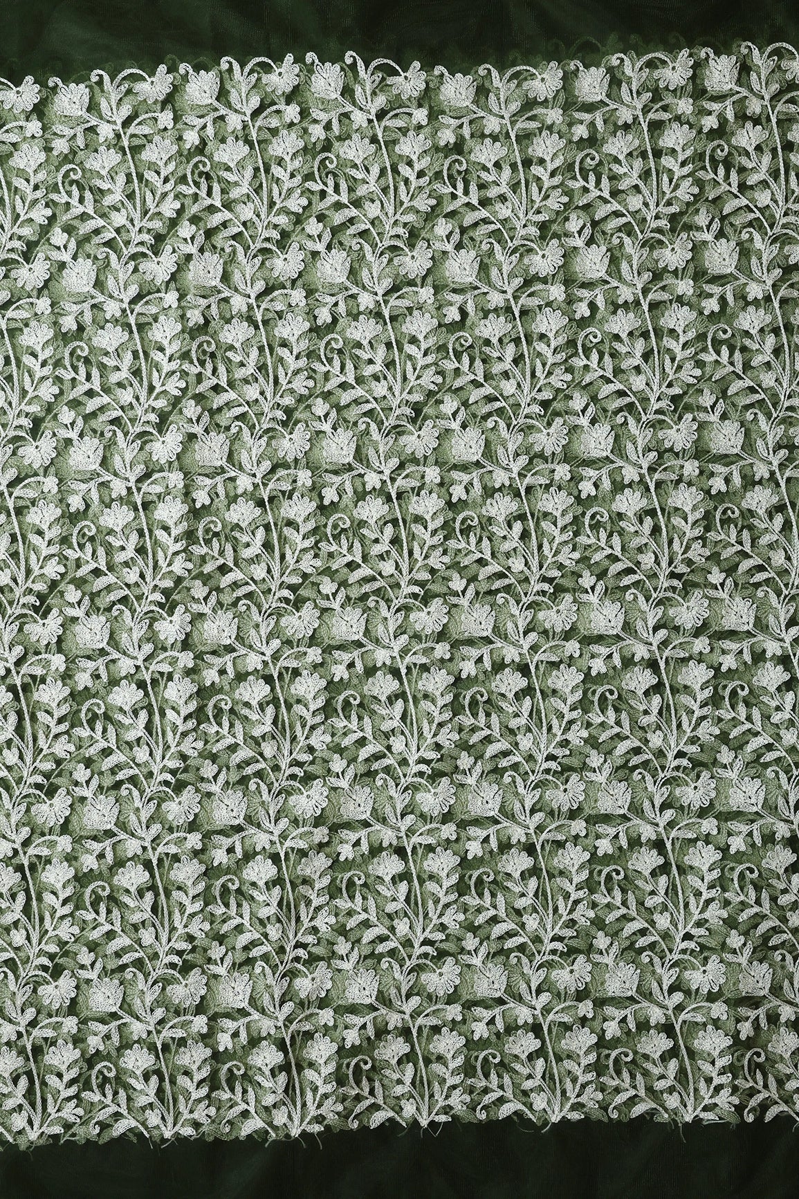 White Thread Floral Embroidery On Dark Olive Soft Net Fabric - doeraa