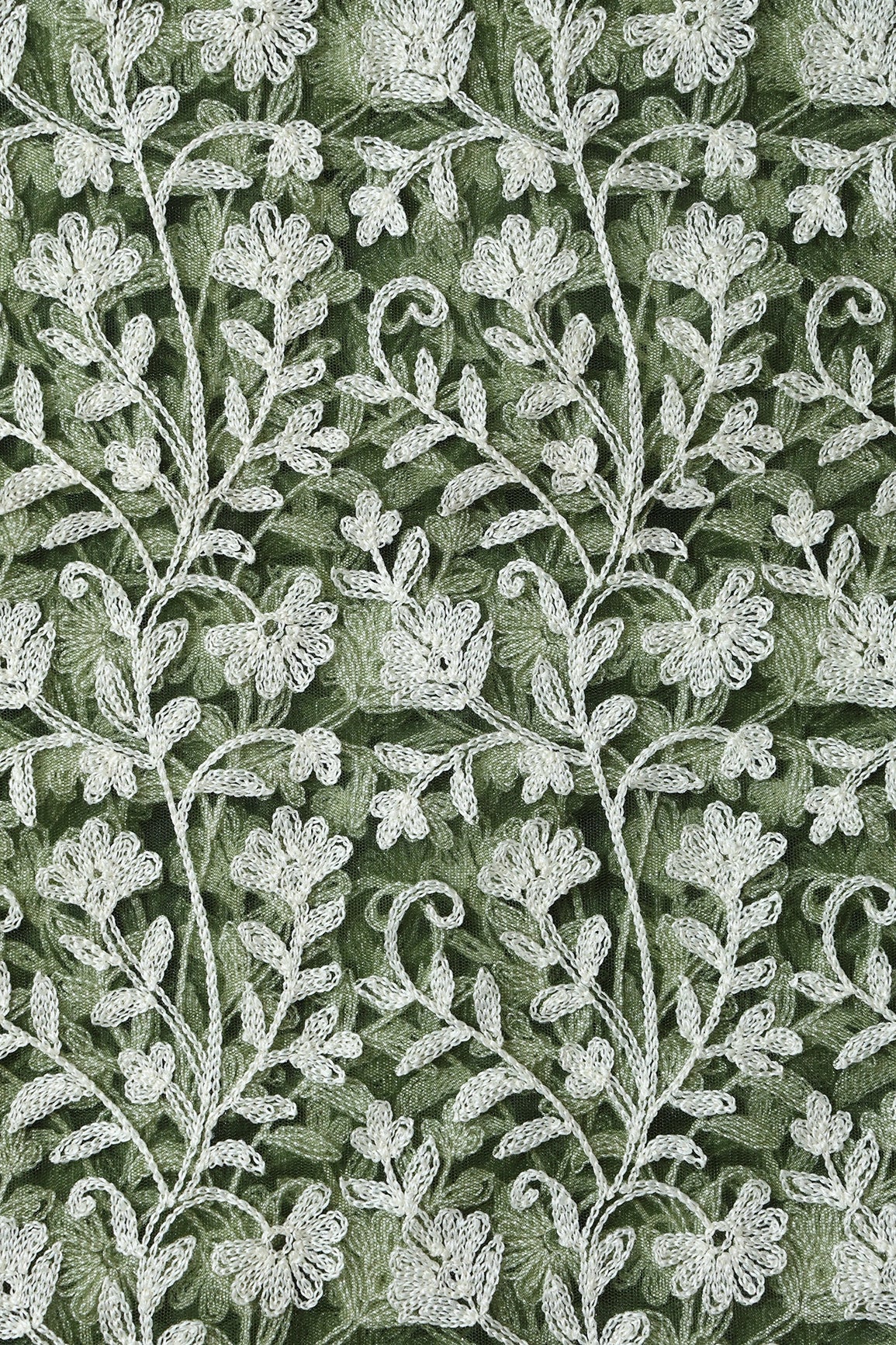 White Thread Floral Embroidery On Dark Olive Soft Net Fabric - doeraa