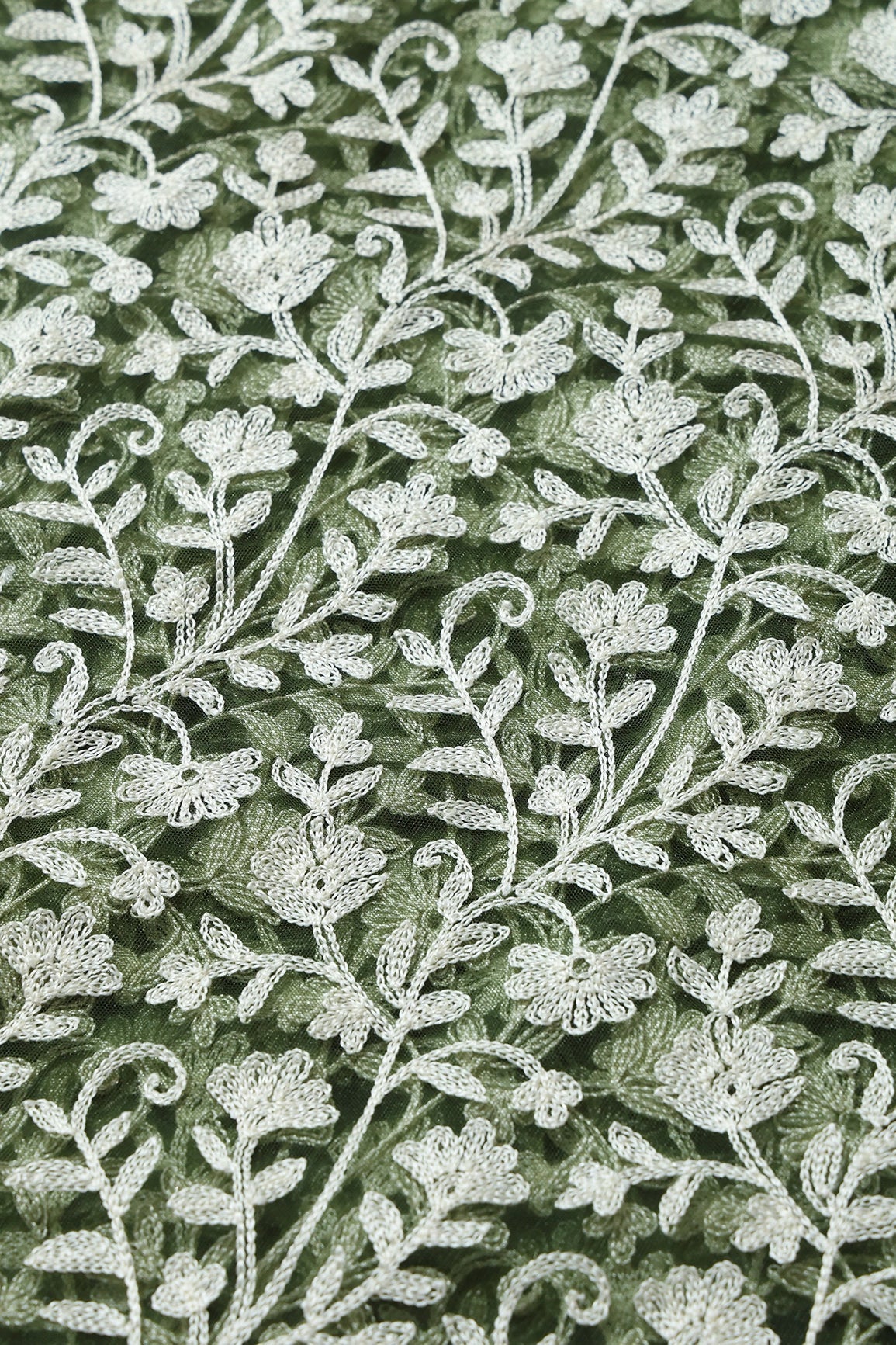 White Thread Floral Embroidery On Dark Olive Soft Net Fabric - doeraa