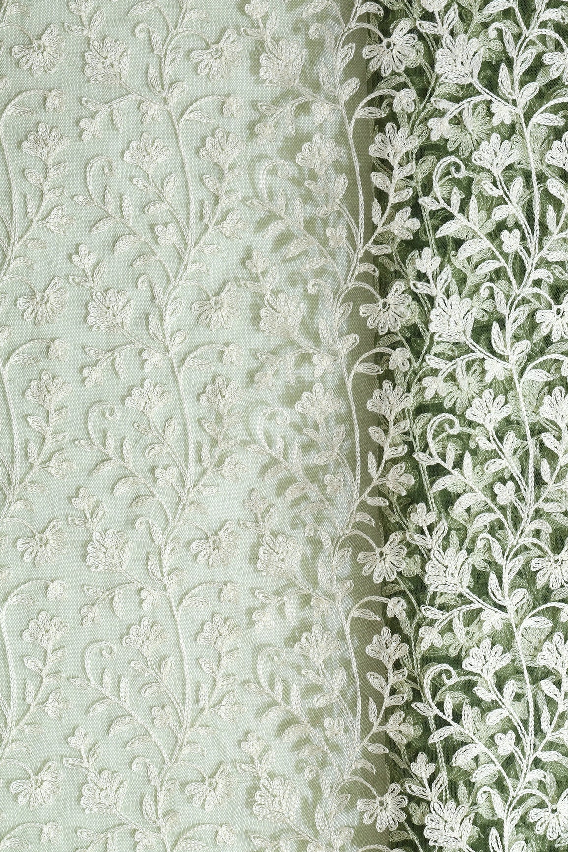 White Thread Floral Embroidery On Dark Olive Soft Net Fabric - doeraa