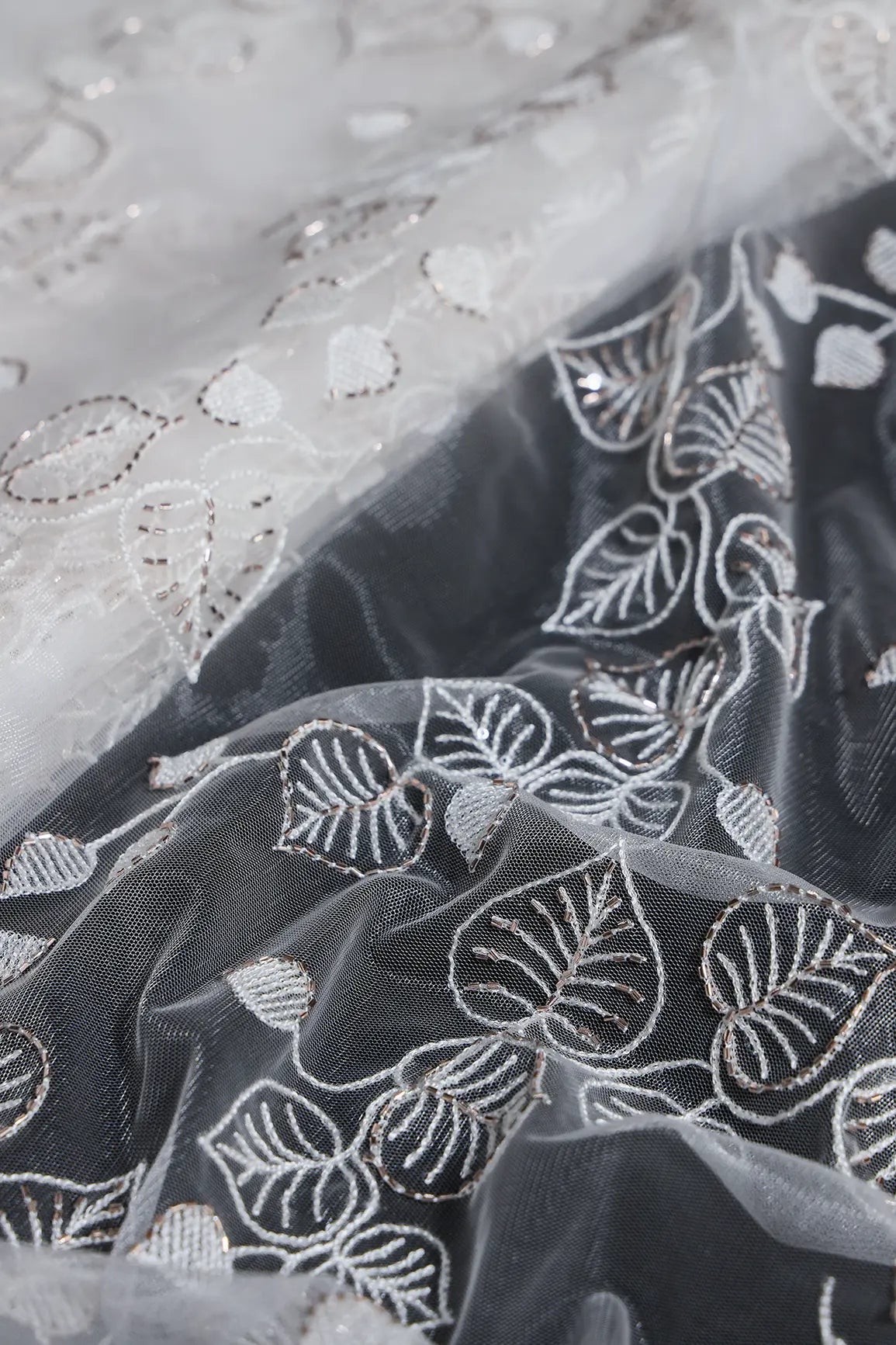 White Thread & Gold Beads With Water Sequins Floral Embroidery On Dyeable White Soft Net Fabric - doeraa