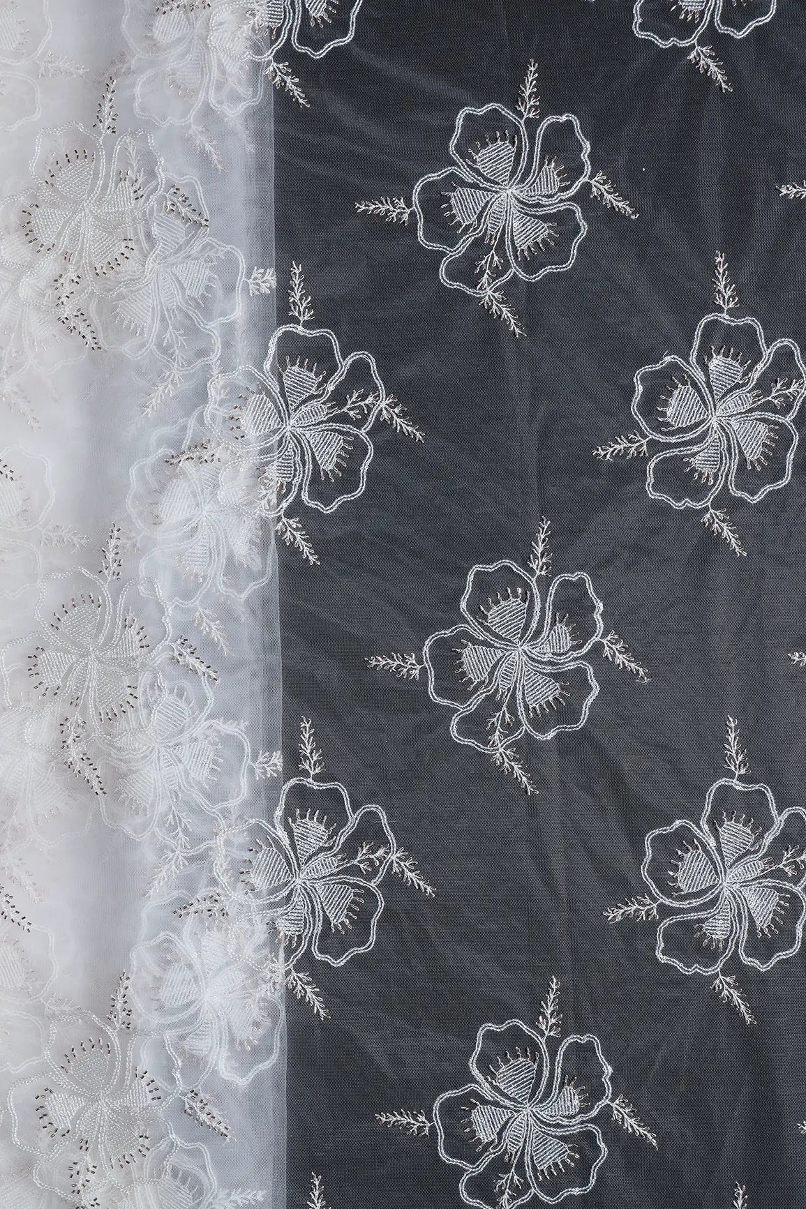 White Thread & Gold Beads With Water Sequins Floral Embroidery On Dyeable White Soft Net Fabric - doeraa