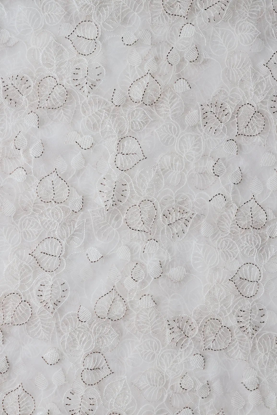White Thread & Gold Beads With Water Sequins Floral Embroidery On Dyeable White Soft Net Fabric - doeraa