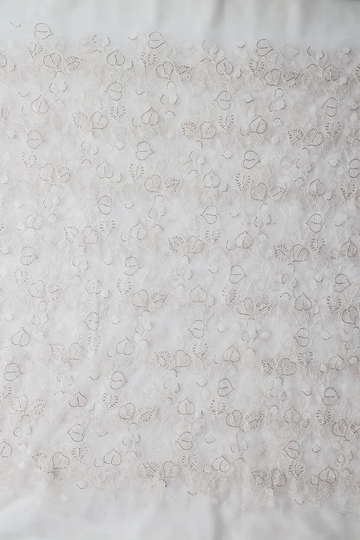 White Thread & Gold Beads With Water Sequins Floral Embroidery On Dyeable White Soft Net Fabric - doeraa