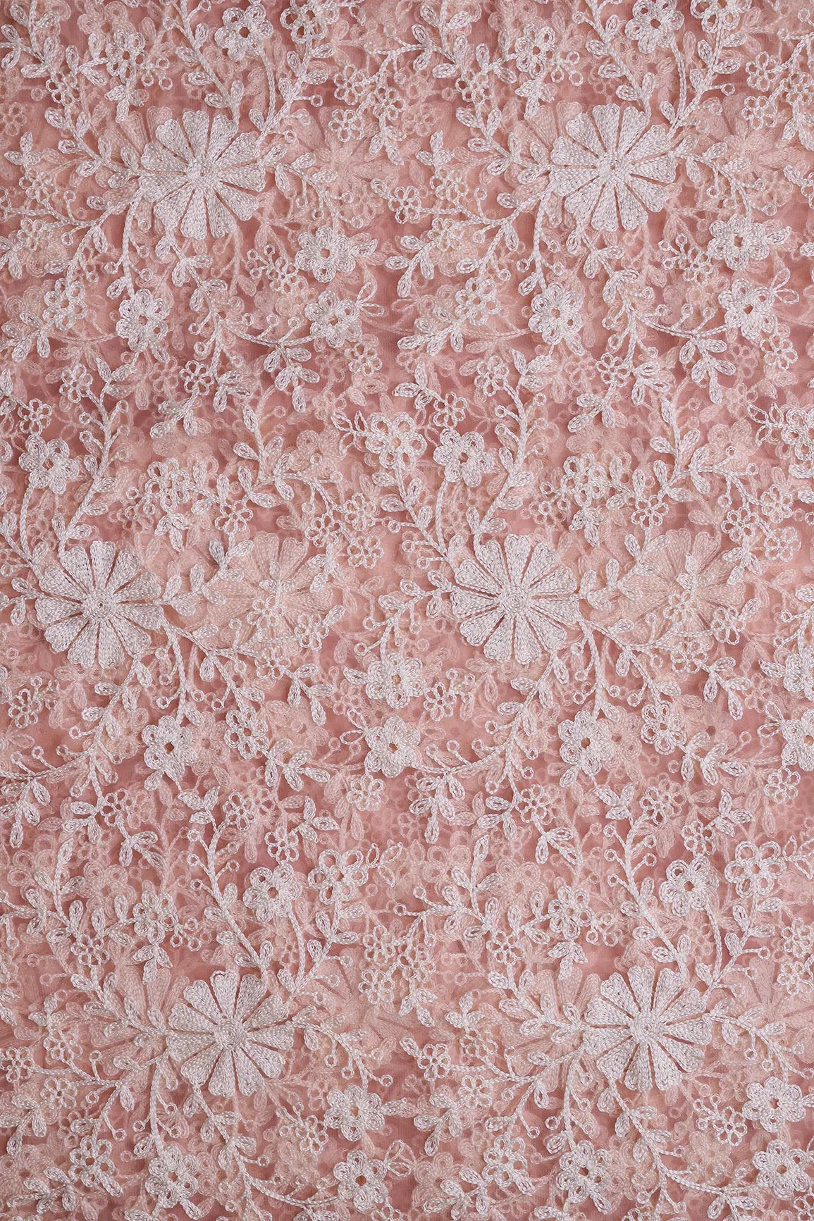 White Thread Heavy Floral Embroidery On Pink Soft Net Fabric - doeraa