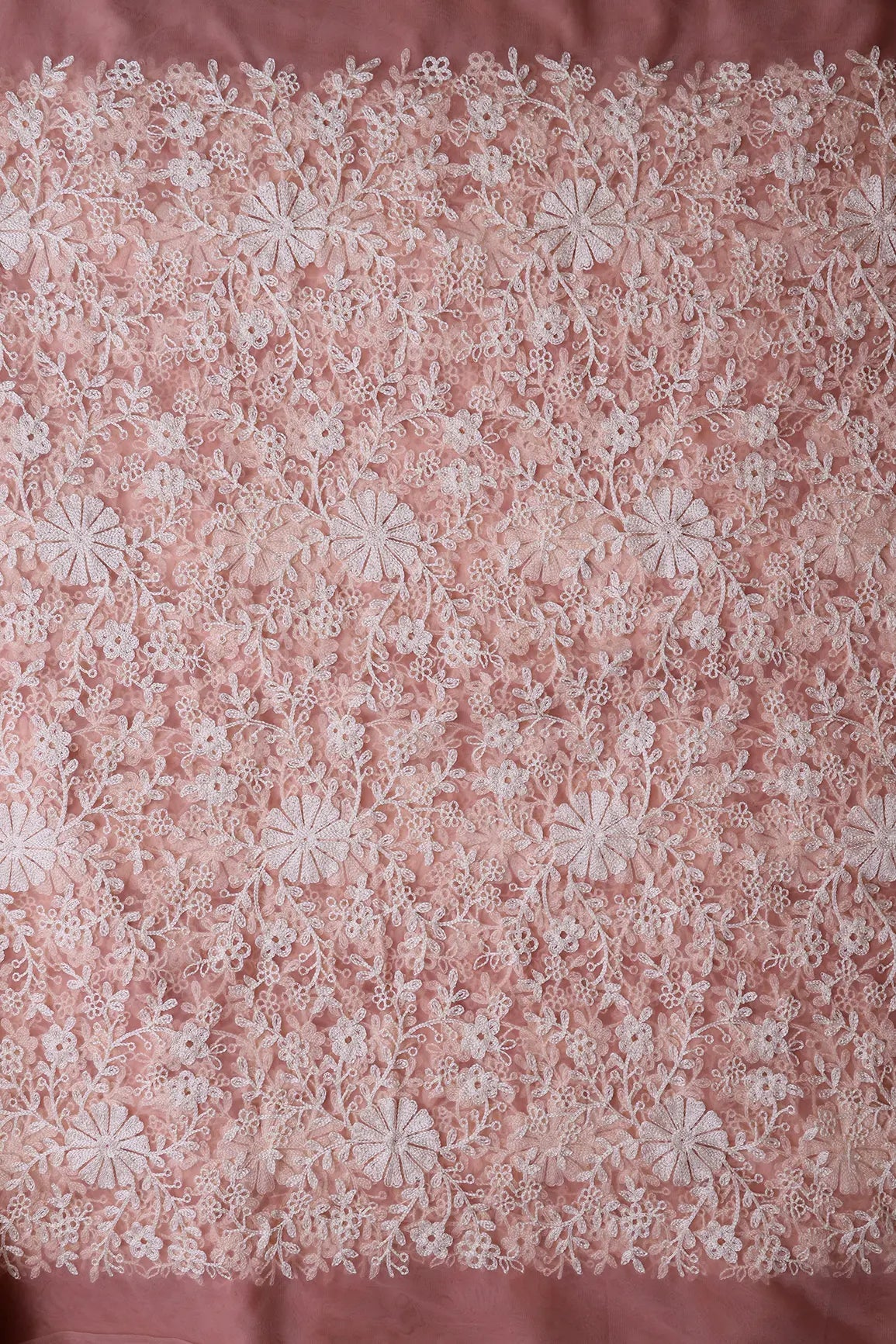 White Thread Heavy Floral Embroidery On Pink Soft Net Fabric - doeraa