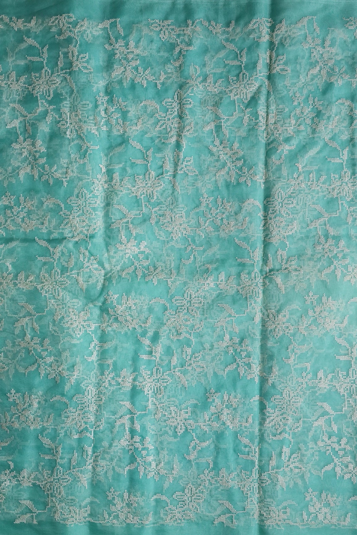 White Thread Magnificent Floral Embroidery Work On Sea Green Organza Fabric - doeraa