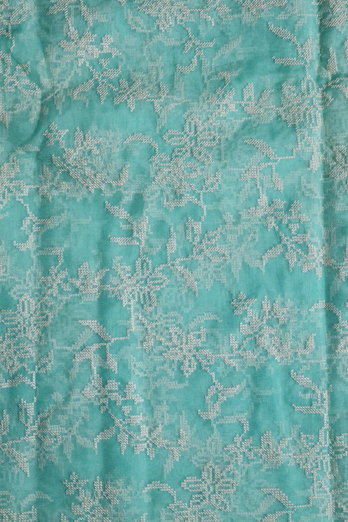 White Thread Magnificent Floral Embroidery Work On Sea Green Organza Fabric - doeraa