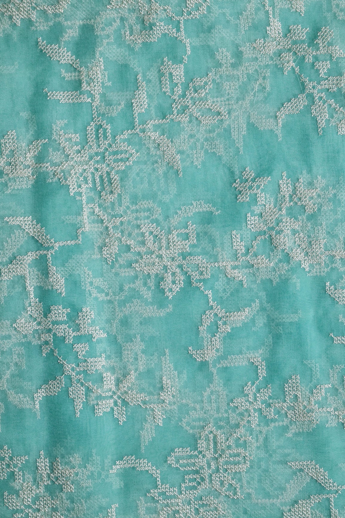 White Thread Magnificent Floral Embroidery Work On Sea Green Organza Fabric - doeraa