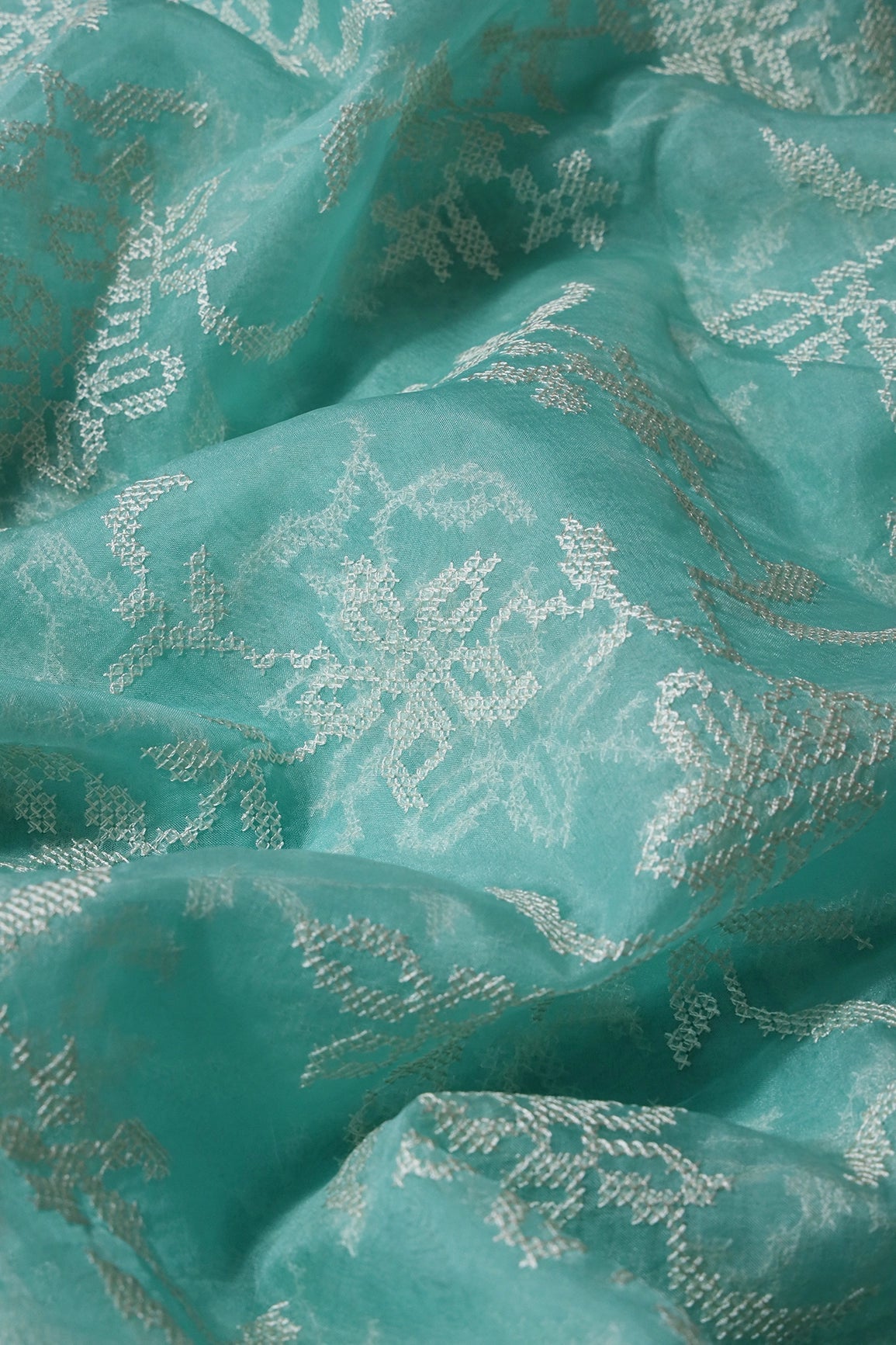 White Thread Magnificent Floral Embroidery Work On Sea Green Organza Fabric - doeraa