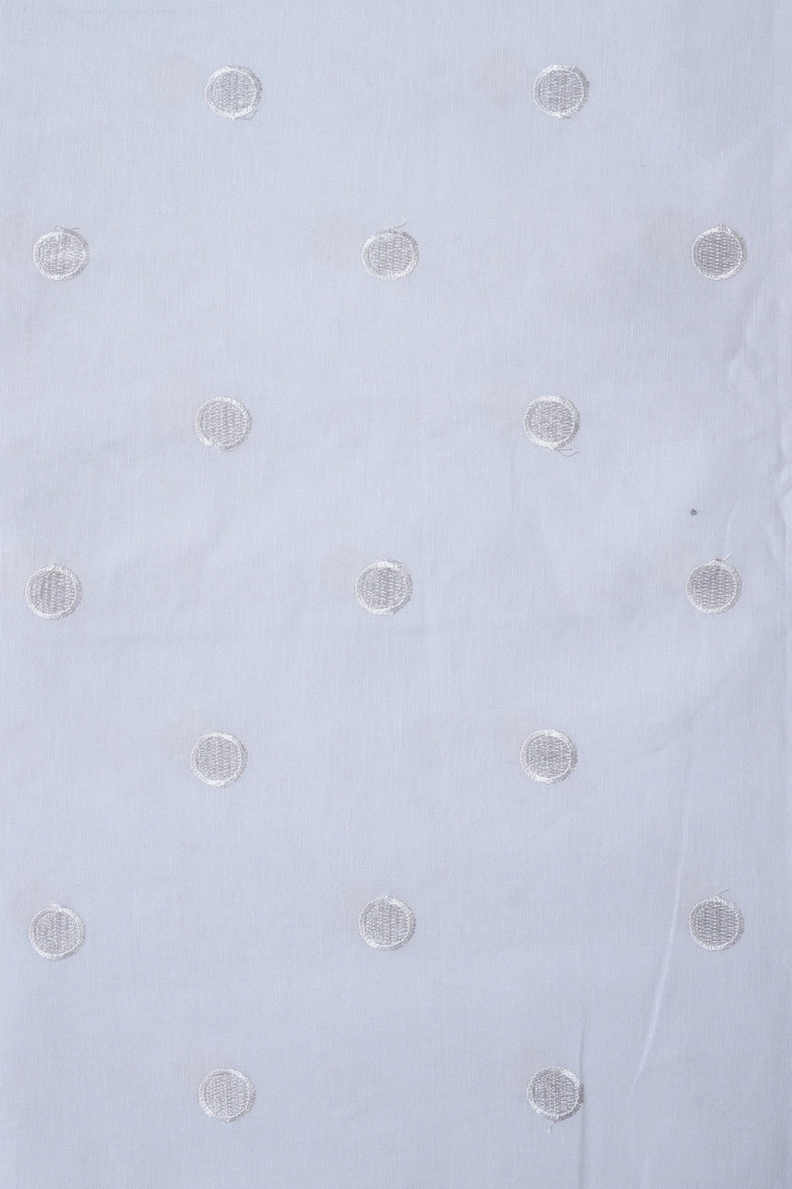 White Thread Polka Embroidery Work On White Organic Cotton Fabric - doeraa