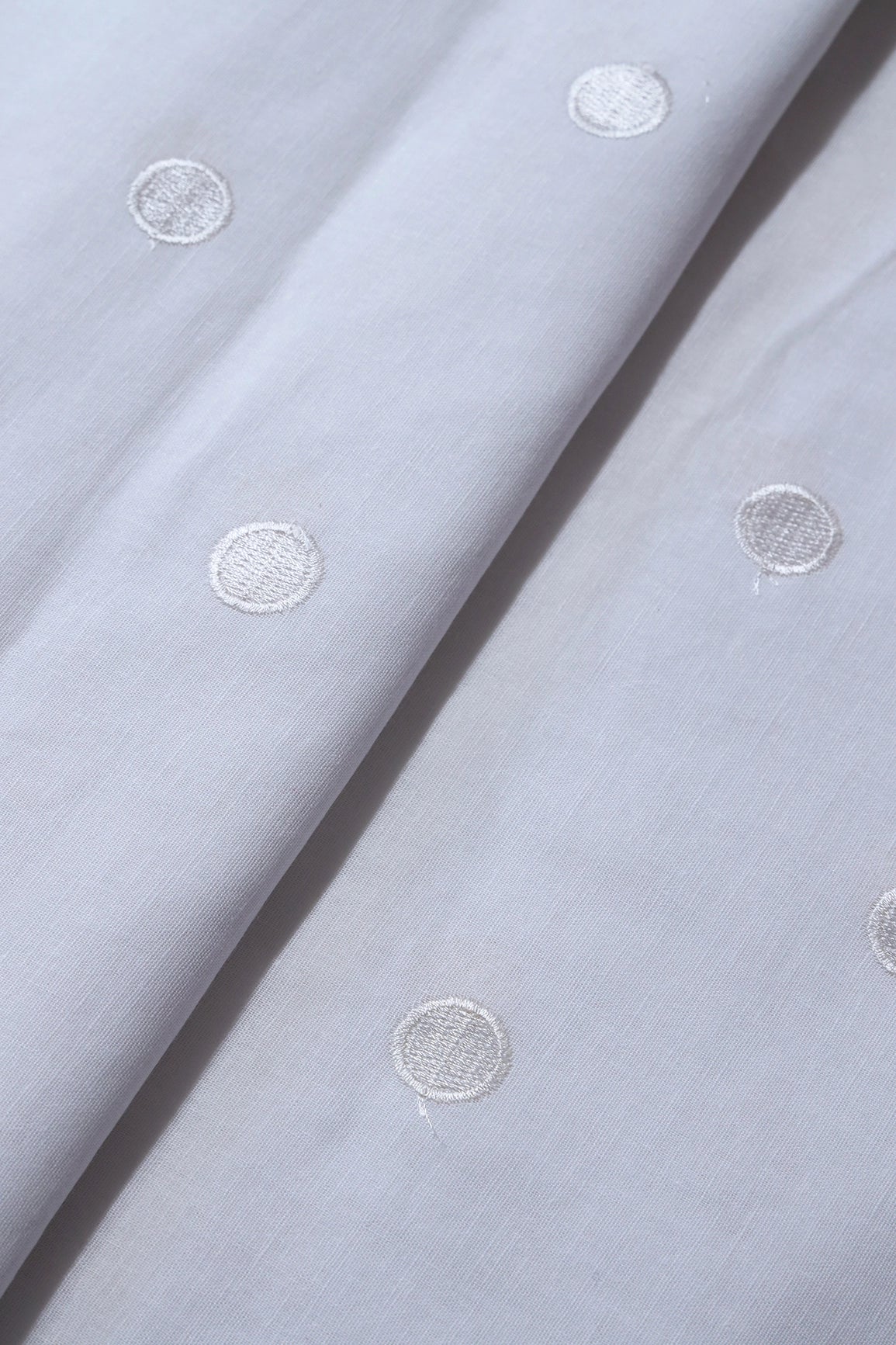 White Thread Polka Embroidery Work On White Organic Cotton Fabric - doeraa