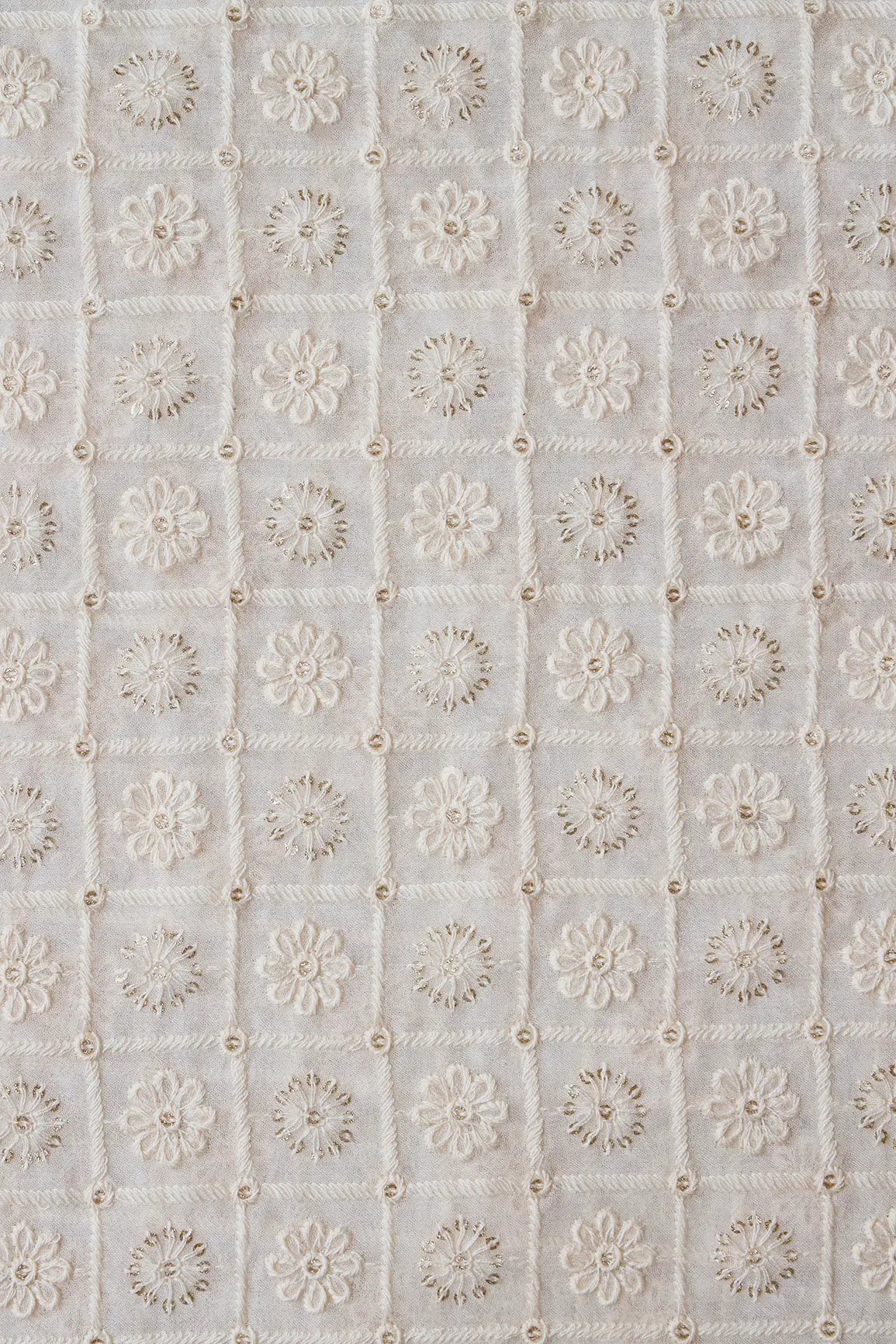 White Thread With Gold Glitter Sequins Floral Checks Lucknowi Embroidery On Dyeable Viscose Georgette Fabric - doeraa