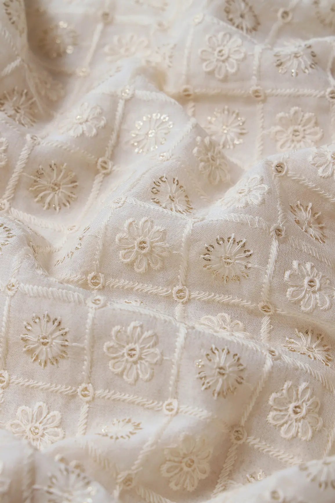 White Thread With Gold Glitter Sequins Floral Checks Lucknowi Embroidery On Dyeable Viscose Georgette Fabric - doeraa