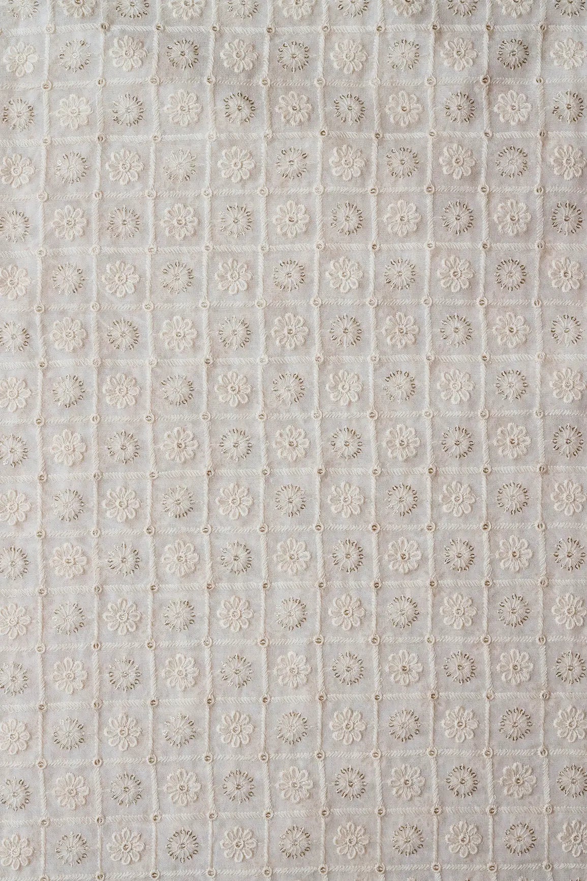White Thread With Gold Glitter Sequins Floral Checks Lucknowi Embroidery On Dyeable Viscose Georgette Fabric - doeraa