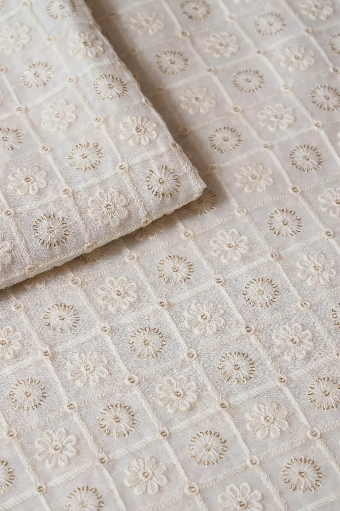 White Thread With Gold Glitter Sequins Floral Checks Lucknowi Embroidery On Dyeable Viscose Georgette Fabric - doeraa