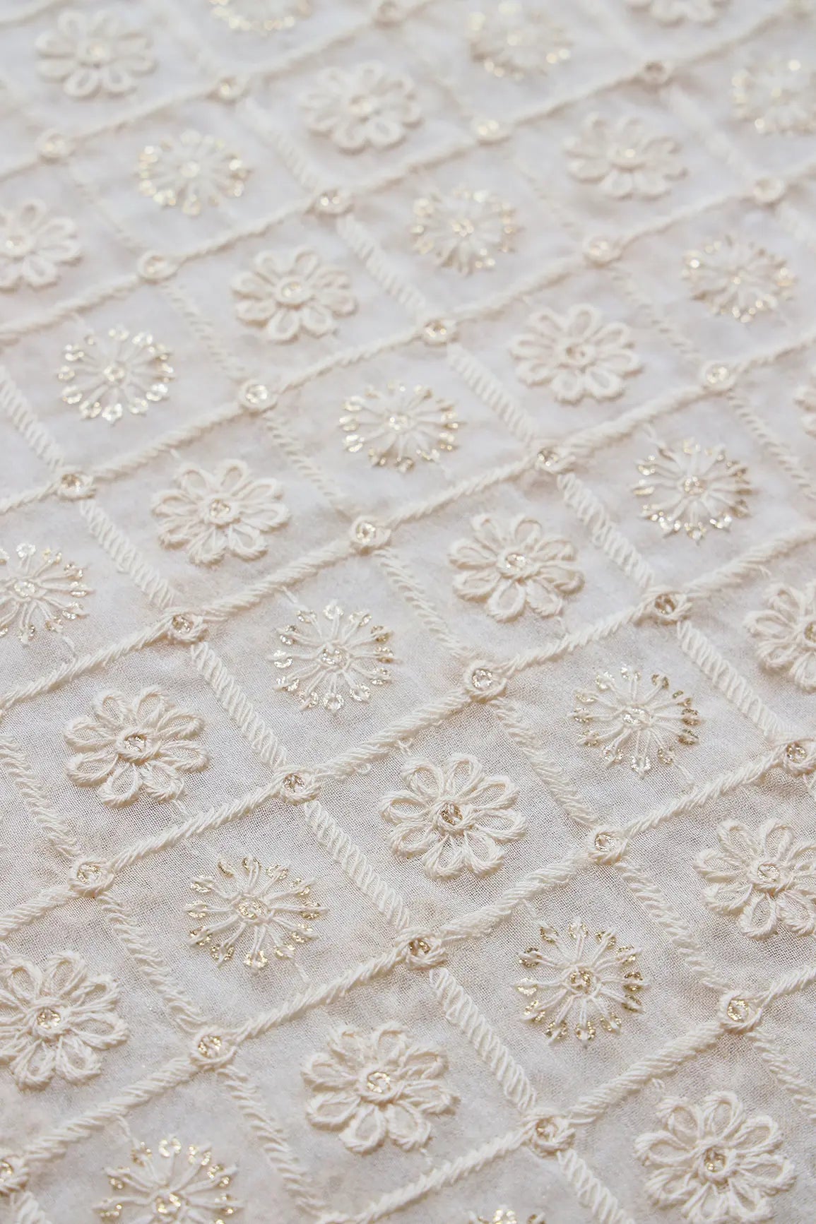 White Thread With Gold Glitter Sequins Floral Checks Lucknowi Embroidery On Dyeable Viscose Georgette Fabric - doeraa
