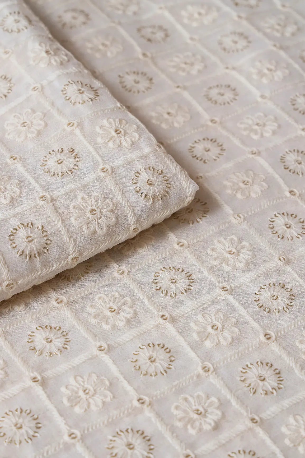 White Thread With Gold Glitter Sequins Floral Checks Lucknowi Embroidery On Dyeable Viscose Georgette Fabric - doeraa