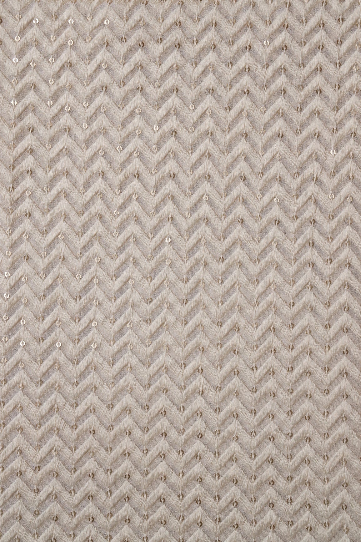 White Thread With Gold Sequins Chevron Embroidery Work On White Dyeable Viscose Georgette Fabric - doeraa