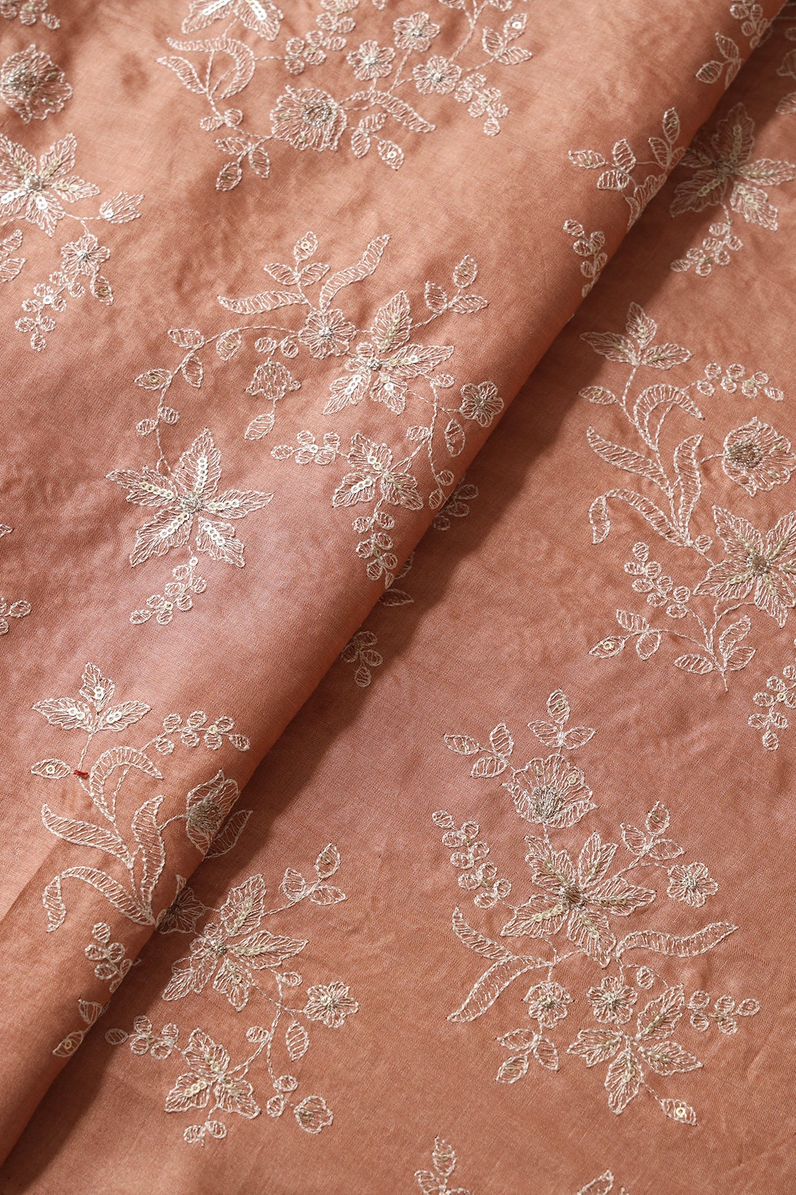 White Thread With Gold Sequins Floral Embroidery On Dusty Peach Pure Bamboo Silk Fabric - doeraa
