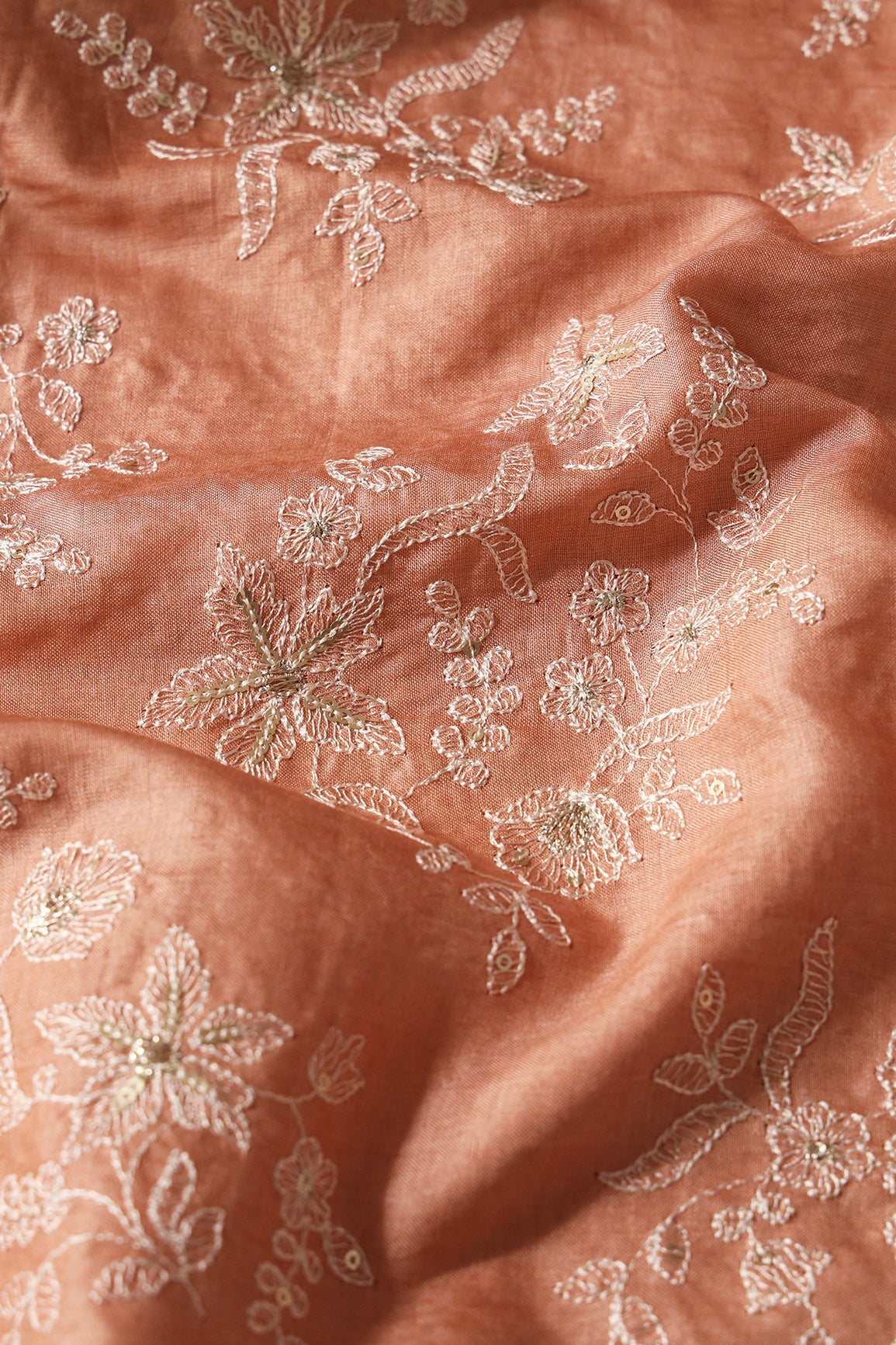 White Thread With Gold Sequins Floral Embroidery On Dusty Peach Pure Bamboo Silk Fabric - doeraa