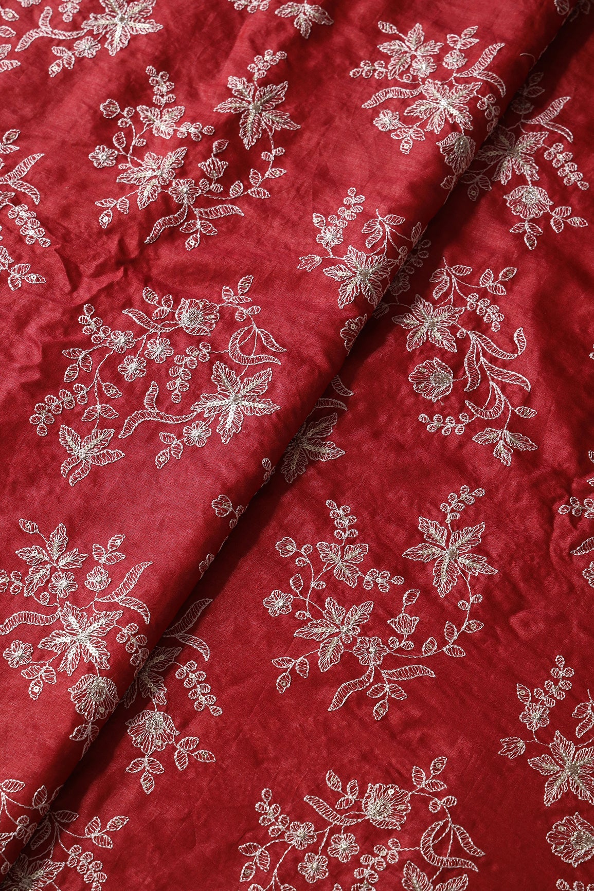 White Thread With Gold Sequins Floral Embroidery On Fire Brick Red Pure Bamboo Silk Fabric - doeraa