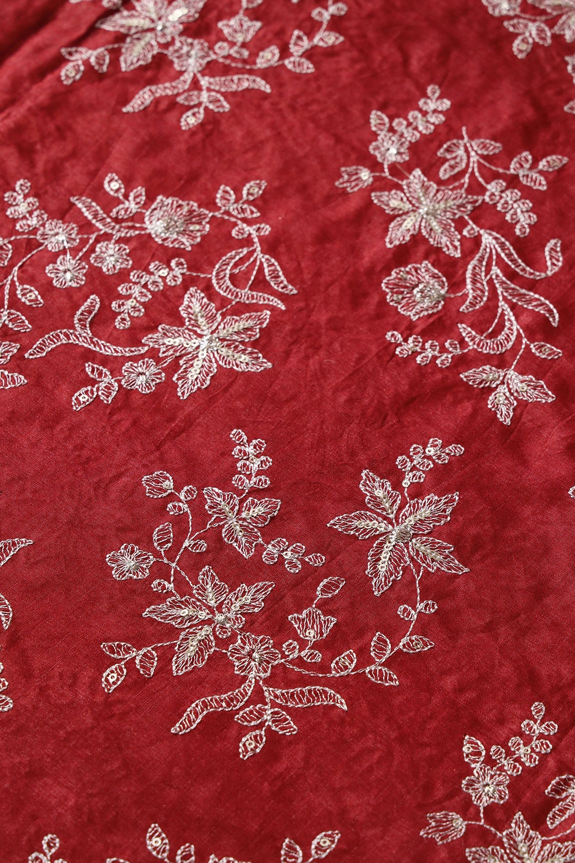 White Thread With Gold Sequins Floral Embroidery On Fire Brick Red Pure Bamboo Silk Fabric - doeraa