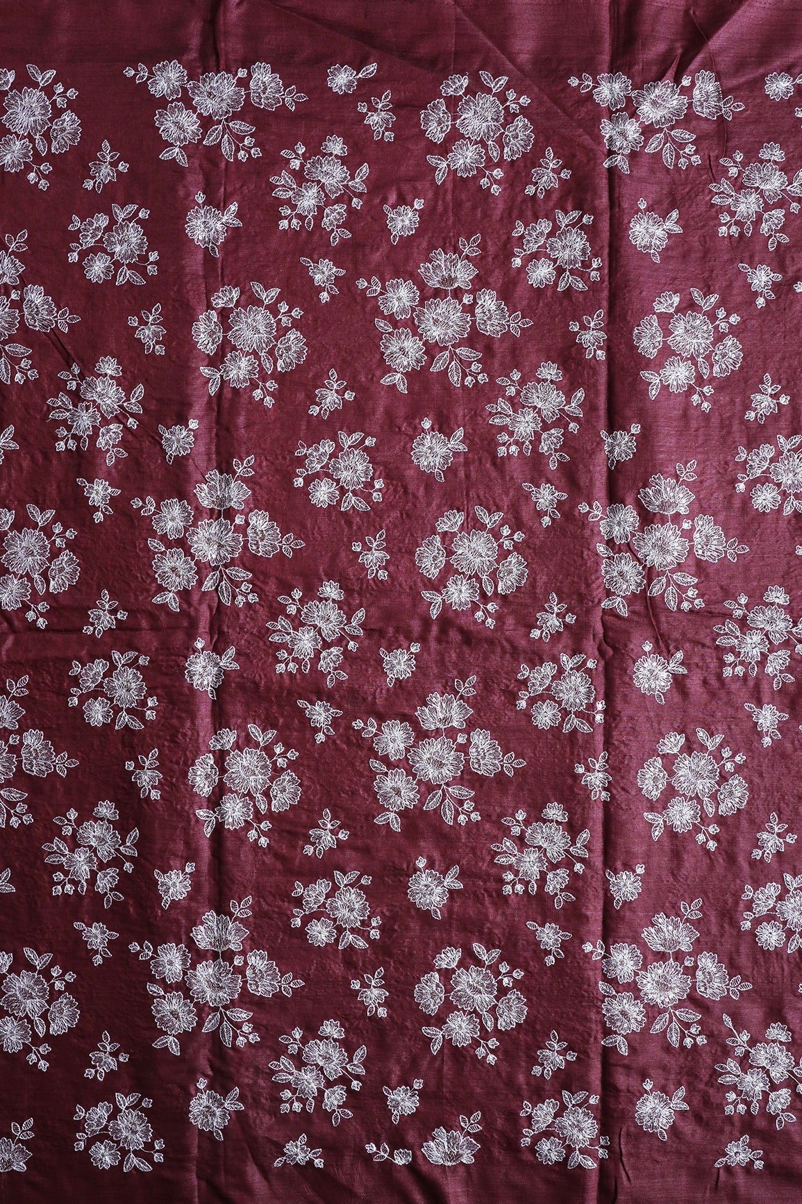 White Thread With Gold Sequins Floral Embroidery On Maroon Pure Bamboo Silk Fabric - doeraa