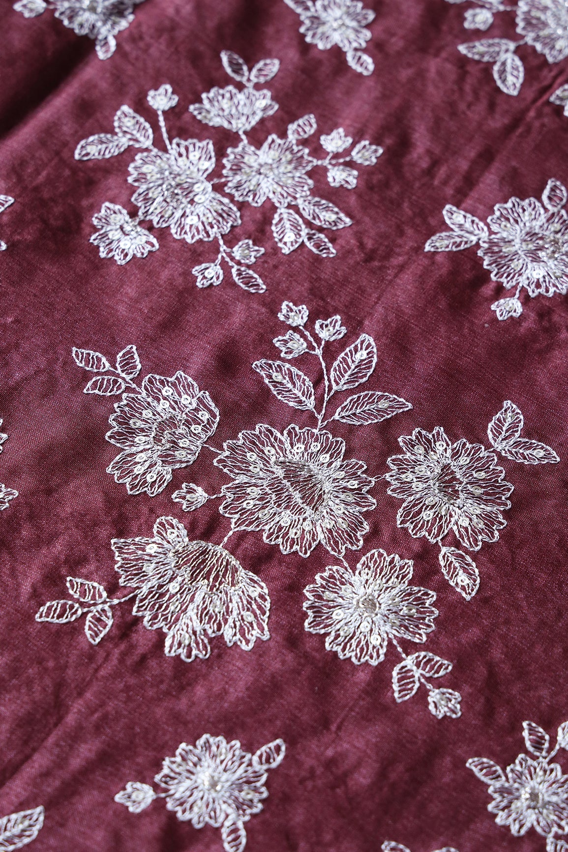 White Thread With Gold Sequins Floral Embroidery On Maroon Pure Bamboo Silk Fabric - doeraa