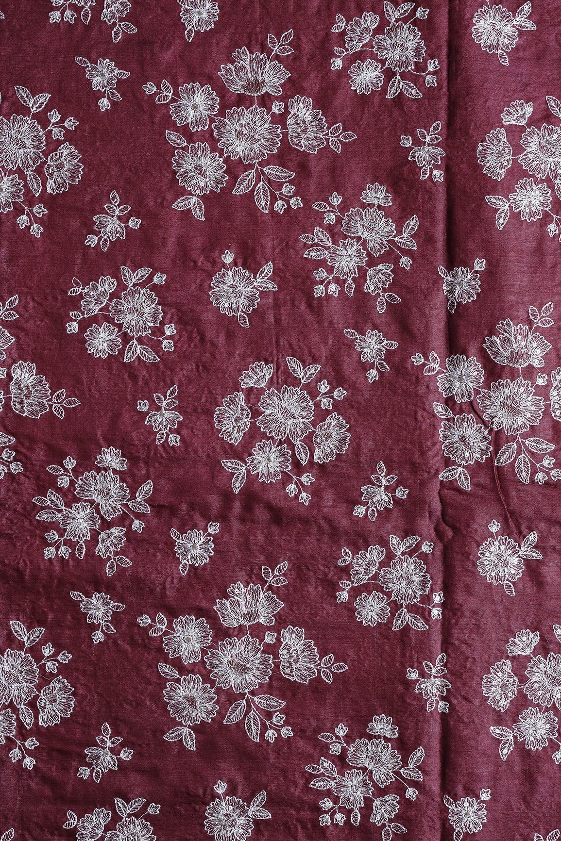 White Thread With Gold Sequins Floral Embroidery On Maroon Pure Bamboo Silk Fabric - doeraa