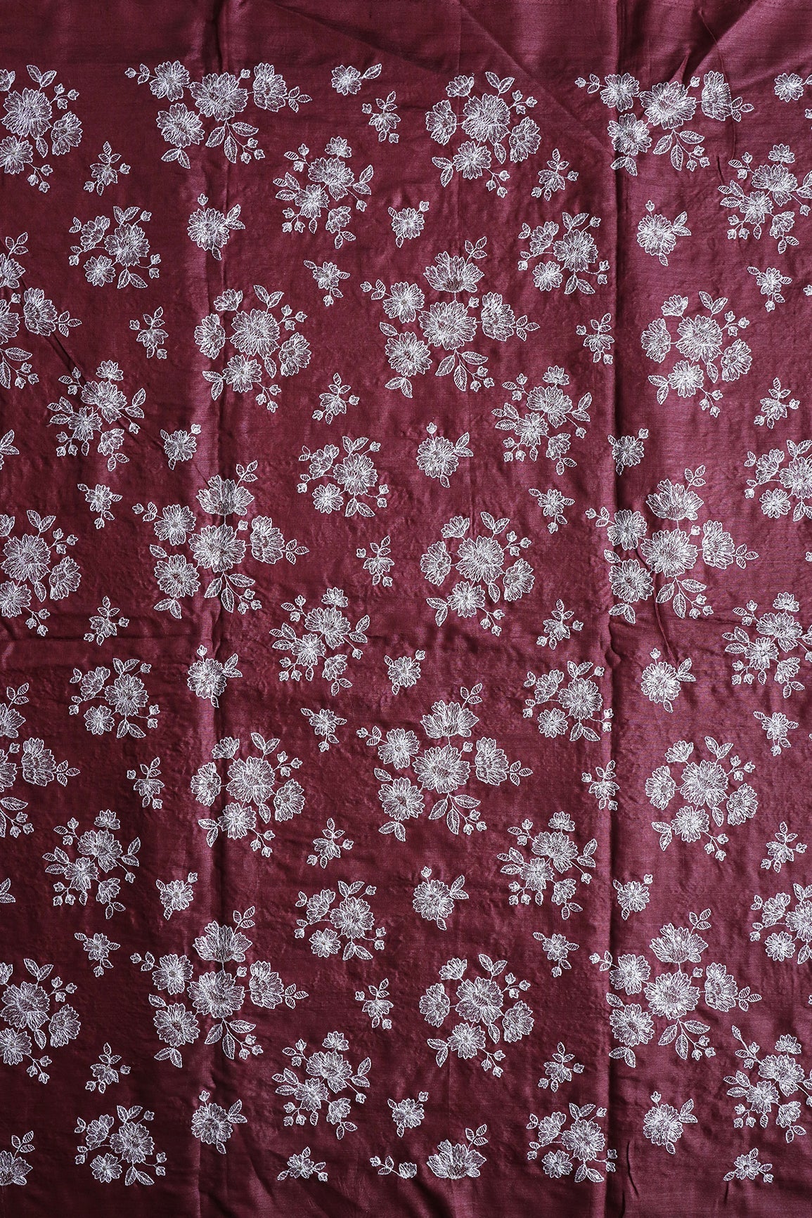 White Thread With Gold Sequins Floral Embroidery On Maroon Pure Bamboo Silk Fabric - doeraa
