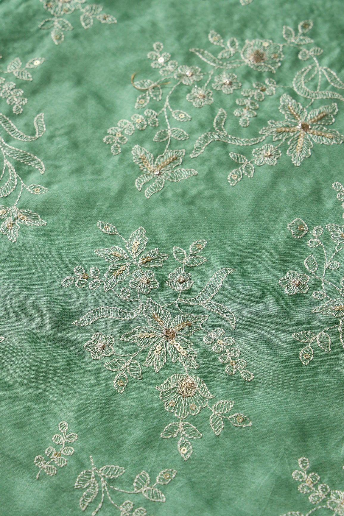 White Thread With Gold Sequins Floral Embroidery On Olive Pure Bamboo Silk Fabric - doeraa