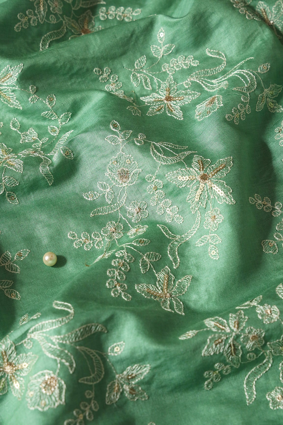 White Thread With Gold Sequins Floral Embroidery On Olive Pure Bamboo Silk Fabric - doeraa